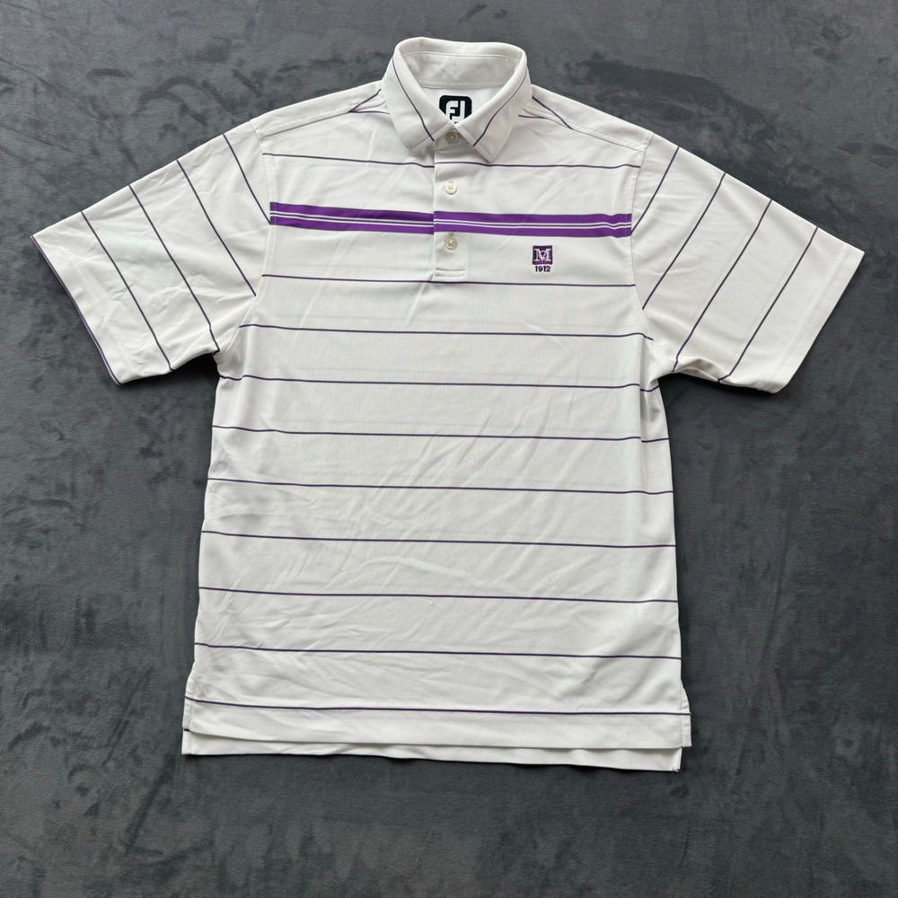 FootJoy ProDry Mens Golf Polo Shirt White Purple Striped Size Small M 1912 Logo